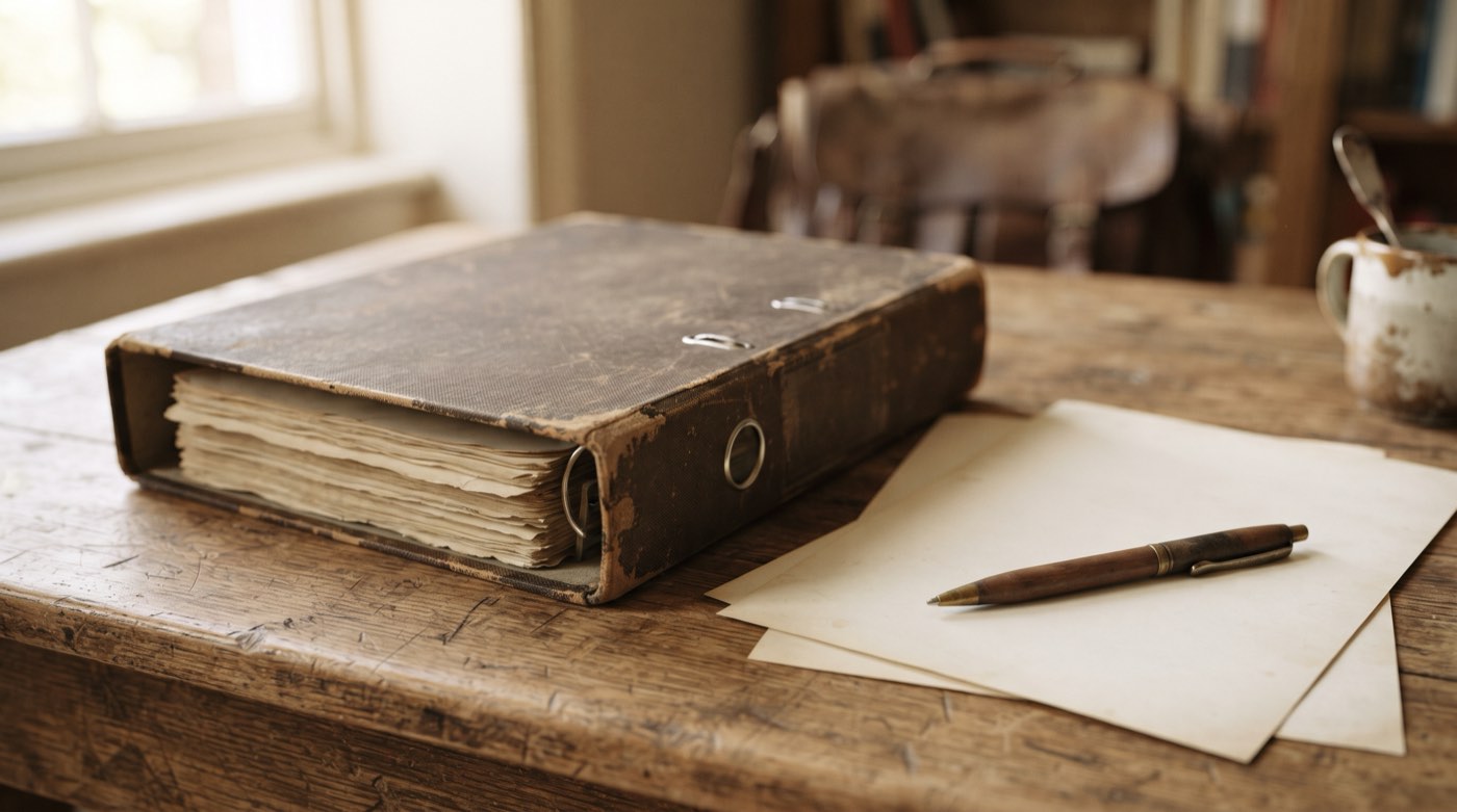 Ein alter Ordner, lose Blätter und ein Stift auf einem Holztisch