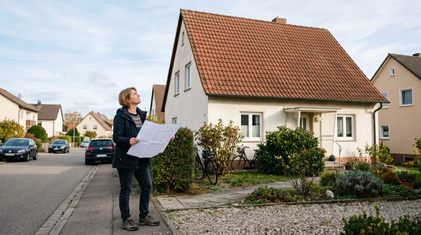 Eine Hausbesitzerin betrachtet die freie Dachfläche ihres Hauses und hält dabei einen Planungsbogen in der Hand