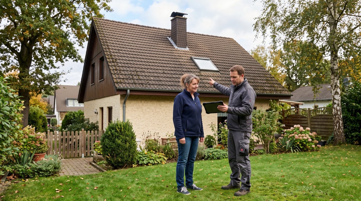Ein Hausbesitzer und ein Techniker begutachten vom Garten aus die Dachflächen eines Einfamilienhauses