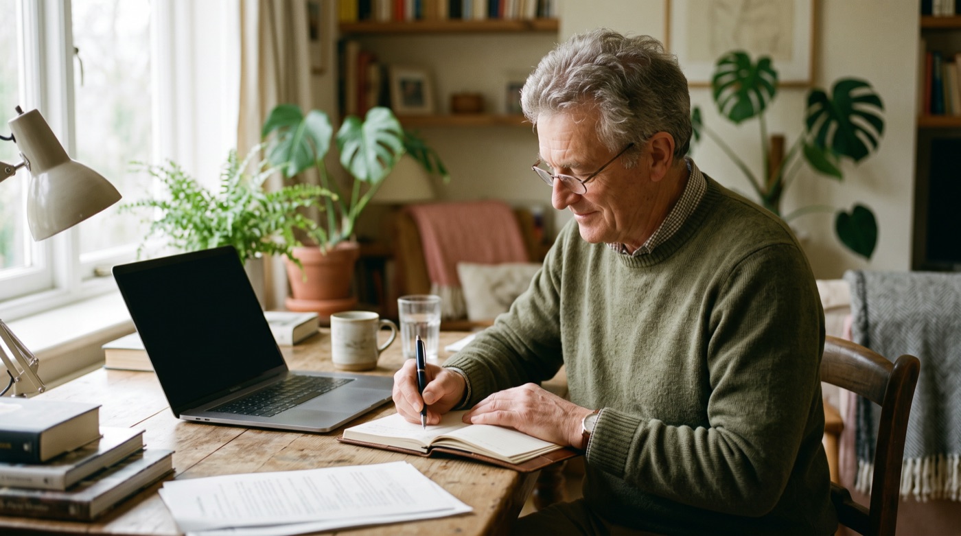 An older man makes notes beside an open laptop at a desk